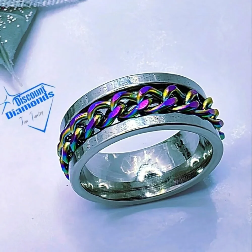 SPINNER Titanium Polished Silver Ring - Rainbow Chain